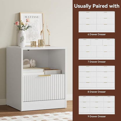 8 Drawer Dresser & Nightstand Set 3-Piece, 55” Wide Bedroom Set Night Stand Set of 2 with Metal Handle, Fluted Modern Wood Chest of Drawers Storage Dressers Set for Bedroom, White
