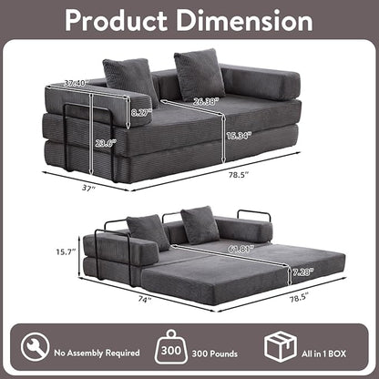 4-in-1 Convertible Folding Sleeper Sofa Bed, Fold Out Floor Sofa Couch with Fixed-Shape Frame, Cloud Corduroy Foldable Mattress Couch for Living Room Bedroom (78.5" Corduroy, Dark Grey)