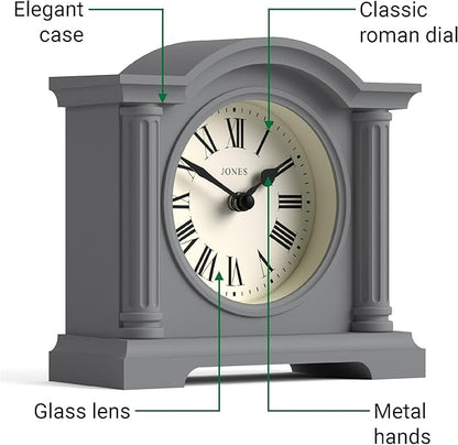 JONES CLOCKS® Kensington Mantel Clock | Classic Arch top Clock | Gray | Stylish & Contemporary | Ideal for Desk, Mantelpiece, Bookshelf or Bedside