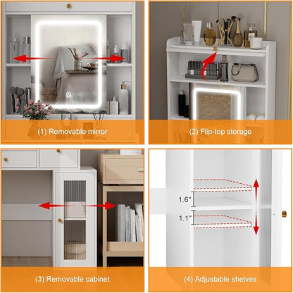 ARTETHYS Small Vanity Desk with Sliding Mirror and Lights White Makeup Vanities Set with Drawers Compact Dressing Table with Cabinet and Adjustable Shelves for Bedroom