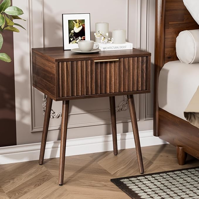 VINGLI Fluted Nightstand with Drawer, 19" W Mid Century Modern Nightstand for Bedroom, Bedside Table, End Tables Bedroom, Wood Night Stand, Walnut, 18.9" W*14.96" D*24" H