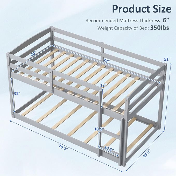 KOMFOTT Low Bunk Bed Twin Over Twin, Solid Wood Bunk Bed Frame with Built-in Ladder & Safety Guardrails, Space-Saving Low Bunk Bed for Kids, Teens, No Box Spring Needed