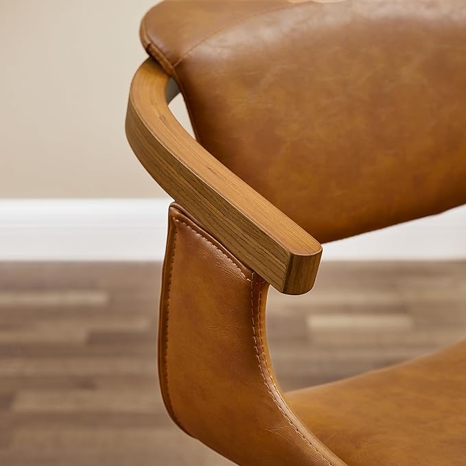 Art Leon Mid Century Modern Chair - Home Office Desk Chair Without Wheels, Faux Leather Comfy Swivel Accent Armless Chair for Living Room Bedroom Study, Retro Brown