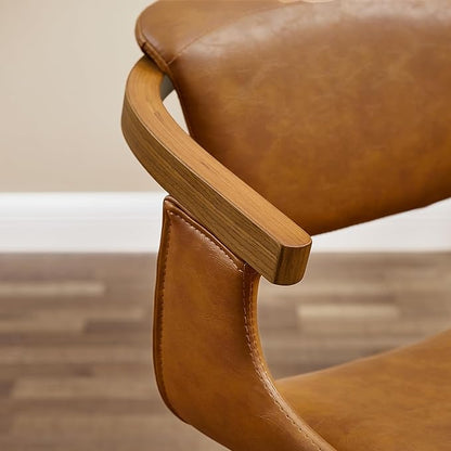 Art Leon Mid Century Modern Chair - Home Office Desk Chair Without Wheels, Faux Leather Comfy Swivel Accent Armless Chair for Living Room Bedroom Study, Retro Brown