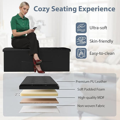 Giantex 43 Inches Folding Storage Ottoman Bench, Upholstered PU Leather Storage Chest with Side Pocket, Padded Seat, End of Bed Bench, Collapsible Ottoman Foot Rest for Living Room, Bedroom & Entryway