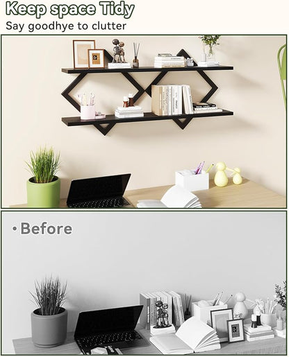 IBUYKE Floating Shelves,15 Inch Wall Shelf Set of 2,Wall Mounted Shelves,2 Tier Hanging Decorative Storage Shelf for Living Room, Bedroom, Bathroom, Kitchen TFS003B-2