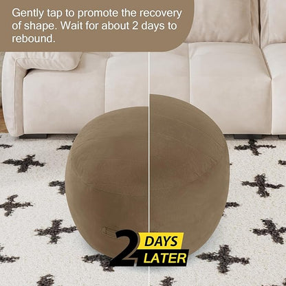 MeMoreCool Round Stuffed Pouf Ottoman Foot Rest, Floor Pouf Foot Stool with Soft Foam Chunk Filling, Small Round Ottoman Footstool Circle Footrest for Living Room, Light Coffee