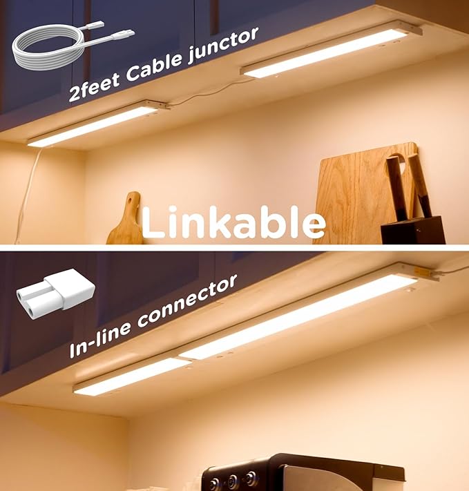 24 Inch Under Cabinet Lighting Plug in, 14W 120V 3 Color 3000K/4000K/5000K, 3 Brightness, Super Bright, Ultra Thin Under Counter Lights for Kitchen, Linkable LED Cabinet Light, White 4Pack