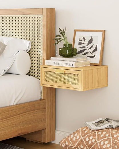 Floating Nightstand, Floating Shelf with Drawer, Wall Mounted Nightstand, Floating Bedside Table (Oak Rattan)