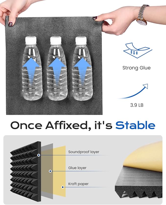 Sonicism Sound Proof Foam Panels for walls Self-Adhesive 24 Pack Pyramid 12" X 12" X 2" Acoustic Panels 35kg/m³High Density,Soundproof Wall Panels Fast Expand,Sound Absorption and Decoration,Black