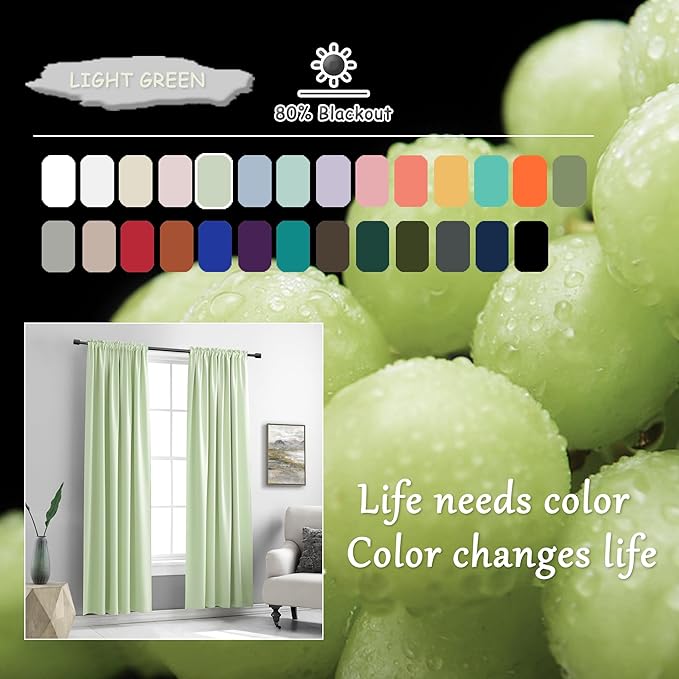 Light Green 80 Inch Length Room Darkening Curtain Panels/Drapes for Doorway- Energy Efficient Blackout Thermal Insulated Curtains(Lily Green,52 Width x 80 Inch,Set of 2 Panels)