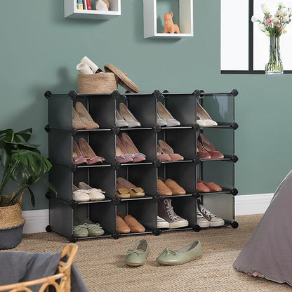 SONGMICS Shoe Rack with 16 Cubes, Interlocking Plastic Shoe Organizer, DIY Storage Cabinet for Closet Entryway Bedroom Garage, Space Saving Design, 12 x 35.1 x 27.2 Inches, Grey ULPC445G02