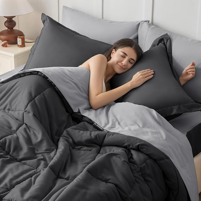 JOLLYVOGUE Twin Comforter Set, Ultra-Soft Bed in a Bag Twin Size 5 Pieces, Oeko-TEX Certified Bedding Set with Down Alternative Comforter, Sheets, Pillowcases & Shams, Dark & Light Grey