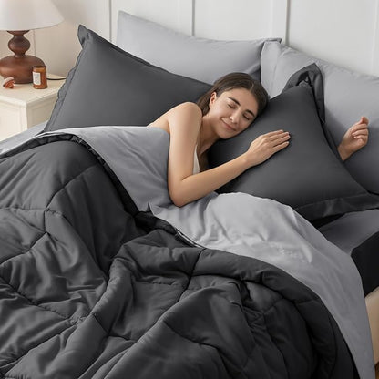 JOLLYVOGUE Twin Comforter Set, Ultra-Soft Bed in a Bag Twin Size 5 Pieces, Oeko-TEX Certified Bedding Set with Down Alternative Comforter, Sheets, Pillowcases & Shams, Dark & Light Grey