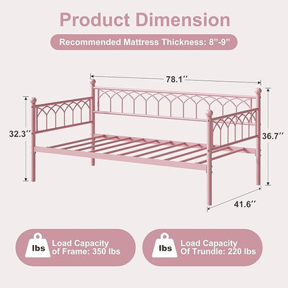 GarveeHome Twin Size Daybed, Sofa Bed Frame with Metal Steel Slat Support, Heavy Duty Metal Bed Frame, Space Saving, Easy Assembly, for Small Spaces, Living Room, Bedroom, Apartment, Pink