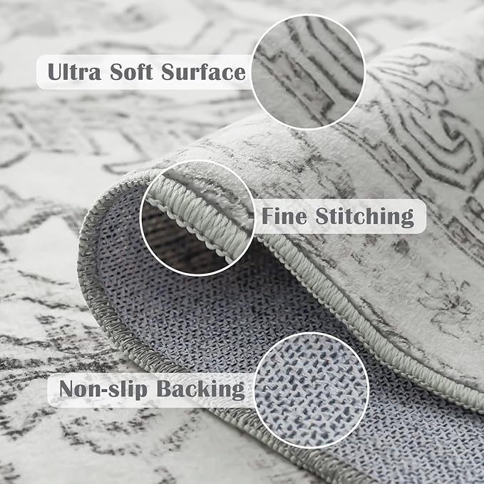 jinchan Lima 2x3 Washable Rug for Entryway - Vintage Floral Ultra-Thin Low Pile Soft Small Non Slip Distressed Indoor Door mat Accent Area Rug for Entrance Kitchen Bathroom Bedroom (2x3ft, Grey)