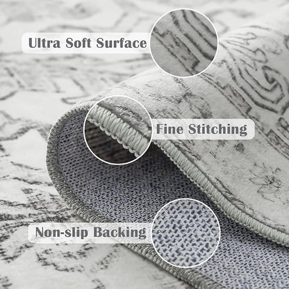 jinchan Lima Hallway Runner Rug 2x8 Washable - Vintage Floral Non Slip Low-Pile Soft Ultra-Thin Faux Wool Kitchen Rug Distressed Carpet Runner for Farmhouse Bedroom Laundry (2x8ft, Grey)