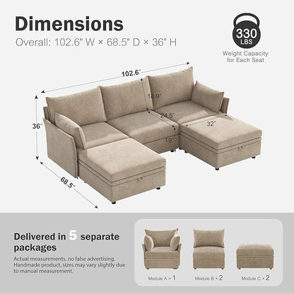 ABCASA 102.6" U Shaped Modular Sectional Sofa, 5 Seater Couch with Storage Ottoman Deep Seat and High Backrest with Removable Cover for Living Room, Apartment - Chenille Beige