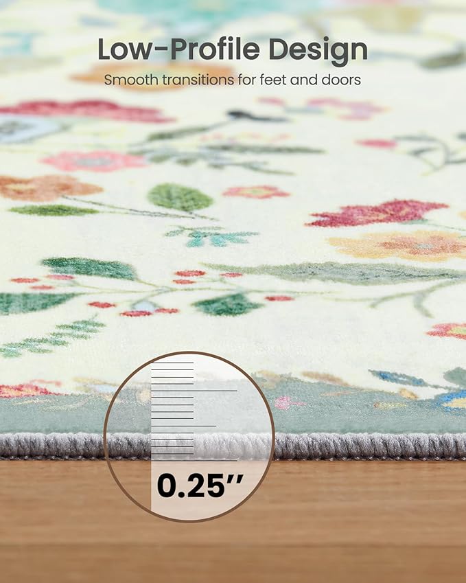 Amada 2x6 Washable Runner Rug, Non-Slip & Low-Profile Kitchen Area Rug with Durable Edge Binding, Boho Floral Pattern, Soft Long Entryway Runner Rugs for Bedroom & Hallway