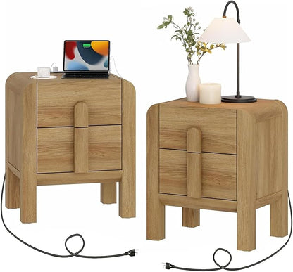 WAMPAT 23.7" Tall Modern Nightstands Set of 2, Wood Nightstand with Charging Station, Bedside Table w/2 Storage Drawers, Curved Profile Design, Sofa Side Table Accent Table for Bedroom, Light Walnut