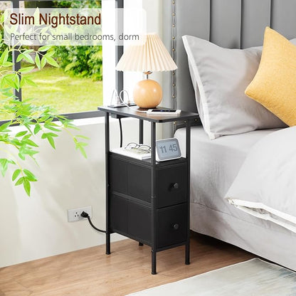 LOAKEKEL Narrow End Table Living Room with Charging Station, Skinny Side Table with Fabric Drawers, Slim Nightstand for Bedroom, Small Spaces, Couch, Black, HETNDP02BK-1