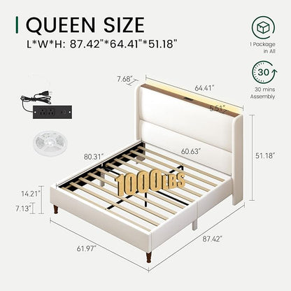 LARMACE Queen Size Bed Frame with LED Lights and Charging Station Linen Upholstered Platform Bed Frame with 51.2" Tall Headboard Wingback and Storage Shelf, No Box Spring Needed, Noise Free, Beige