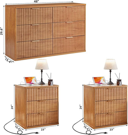 LEYAOYAO 48" Wide Fluted Dresser and 3 Drawers 23" Nightstand Set of 2, Wooden Dresser & Night Stand with Charging Station, 3 Piece Bedroom Furniture Set, Wood Chest of Drawer for Living Room,Brown