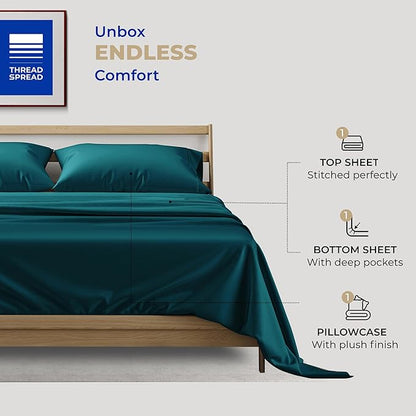 THREAD SPREAD 100% Cotton Sheets Twin Size - 400 Thread Count Cotton Bed Sheets Twin, 3 PC Set (Teal), Luxury Soft, Breathable, Cooling, Sateen Weave 16" Deep Pocket Bedsheet for Dorm Rooms