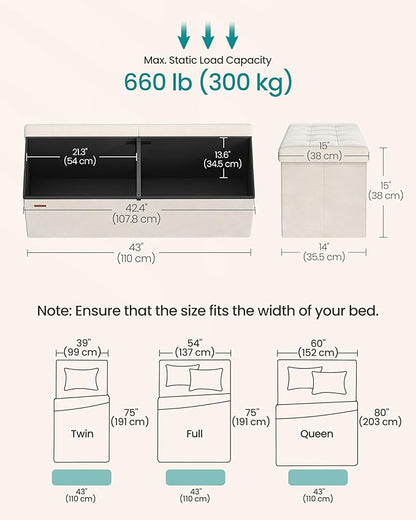 SONGMICS Mazie Collection - 43 Inches Storage Ottoman, Foldable Storage Bench with Flipping Lid, 660 lb Load Capacity, for Entryway, Living Room, Bedroom, Velvet Fabric, Cream White ULSF078LH01
