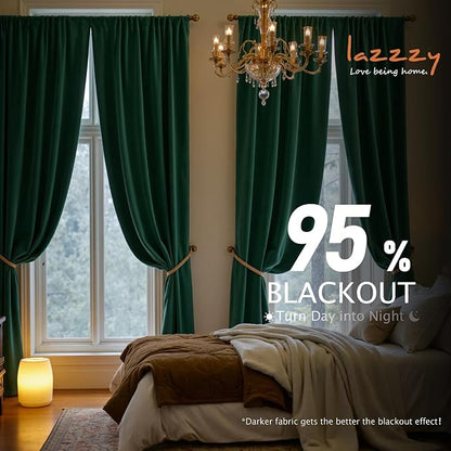 Lazzzy Velvet Blackout Curtains Thermal Insulated Room Window Drapes Super Soft Luxury Curtains for Living Room Bedroom Rod Pocket 2 Panels, Emerald Green, 52" W x 102" L