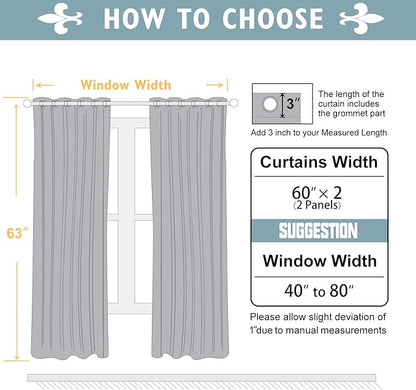 ChrisDowa 100% Blackout Curtains 63 inch Long for Bedroom with Black Liner, Extra Wide 2 Layers Total Blackout Thermal Insulated Grommet Window Curtains 2 Panels Set (Greyish White, 60 x 63 Inch)