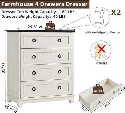 Farmhouse 4 Drawer Dresser for Bedroom, 35" Tall Small Dressers & Chest of Drawers, Rustic Wood Dresser with Metal Handle, Storage Organizer Closet for Living Room, Hallway, Entryway