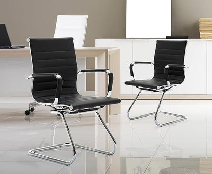 Wahson Office Guest Chairs Set of 10, Leather Reception Chairs, Mid Back Waiting Room Chair, Conference Chairs with Sled Base, Desk Chair No Wheels for Meeting/Lobby/Restroom, Black