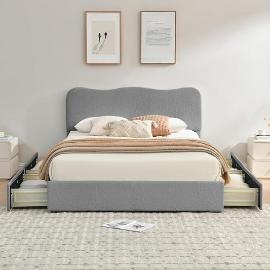 VELOCAVA Full Size Storage Bed with 4 Drawers, Modern Upholstered Bouclé-Textured Platform Frame with Curved Headboard, Rounded Corners, Wood Slats, No Box Spring Needed, Light Gray
