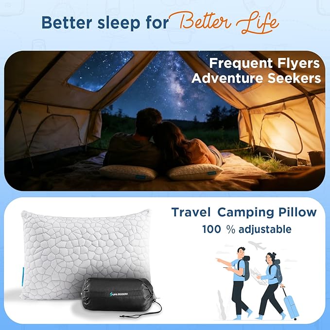 SUPA MODERN Cooling Bed Pillows for Sleeping 1 Pack Small Shredded Memory Foam Pillow Camping Travel Pillow - Compressible Medium Firm, Breathable Cover, ldeal Backpacking Hiking, Airplane and Car