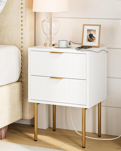 Masupu Nightstand with Charging Station,Mid-Century Modern Bedside Table with 2 Storage Drawer,Small Gold Frame Side End Table for Bedroom,Living Room (White)