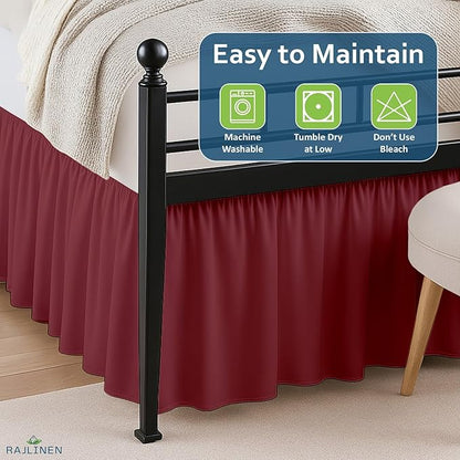 Rajlinen Ruffled Bed Skirt Twin, 14 Inch Drop Dust Ruffle with Split Corners, 100% Microfiber Bedskirt with Platform, Three-Sided Coverage Ruffled Gathering Design, Burgundy