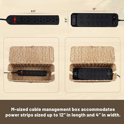 BROWNLILY Cable Management Box, Rattan Style Cord Organizer for Desk Cord Hider Outlet Covers Baby Proofing for Power Strip TV PC Router Charger Under Desk Storage - Natural Small