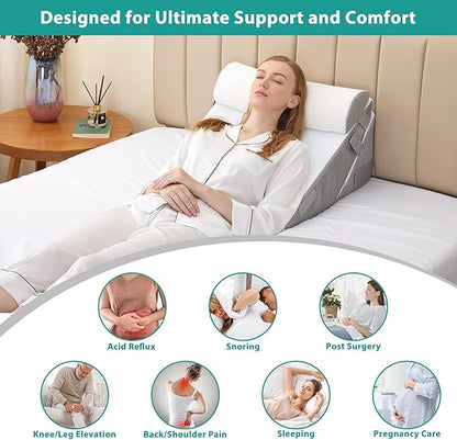 Bedluxe Wedge Pillow Headboard, 3PCS Orthopedic Bed Wedge Pillows Set for After Surgery, Adjustable Pillow Wedge for Acid Reflux&Back Pain Relief, Sleeping, Back Pillow for Bed Sitting Up, White/Grey