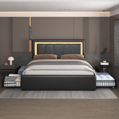 Full Bed Frame with 4 Storage Drawers and Adjustable Headboard, Upholstered Platform Bed with LED Lights and USB Ports, Solid Wooden Slats Support, Faux Leather, Easy Assembly, Black