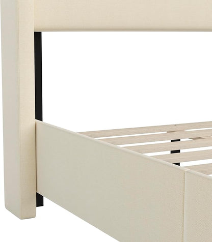 EMMA + OLIVER Nora Twin Size Faux Linen Upholstered Platform Bed with Plush Padded Wingback Headboard (No Box Spring Needed), Modern Upholstered Headboard Twin Bed Frame, Beige