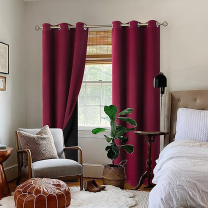 BGment Thermal Insulated 100% Blackout Curtains for Bedroom with Black Liner, Double Layer Full Room Darkening Noise Reducing Grommet Curtain (42 x 84 Inch, Burgundy Red, 2 Panels)