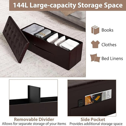 Giantex 43 Inches Folding Storage Ottoman Bench, Upholstered PU Leather Storage Chest with Side Pocket, Padded Seat, End of Bed Bench, Collapsible Ottoman Foot Rest for Living Room, Bedroom & Entryway