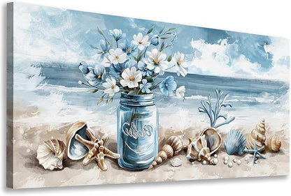 yearainn Coastal Canvas Wall Art - Rustic Jar Flowers Pictures Wall Decor Seashells Seaside Painting Artwork Ocean Landscape Prints for Living Room Bedroom Office Home Decor Ready to Hang 48" x 24"