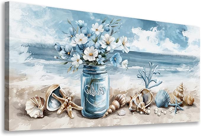 yearainn Coastal Canvas Wall Art - Rustic Jar Flowers Pictures Wall Decor Seashells Seaside Painting Artwork Ocean Landscape Prints for Living Room Bedroom Office Home Decor Ready to Hang 58" x 29"