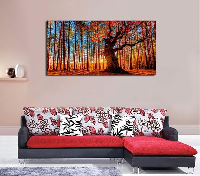 Yearainn Large Canvas Wall Art Forest Sunset Canvas Pictures Red Leaf Trees Landscape Contemporary Nature Picture for Living Room Bedroom Home Office Wall Decor Framed Ready to Hang 24" x 48"
