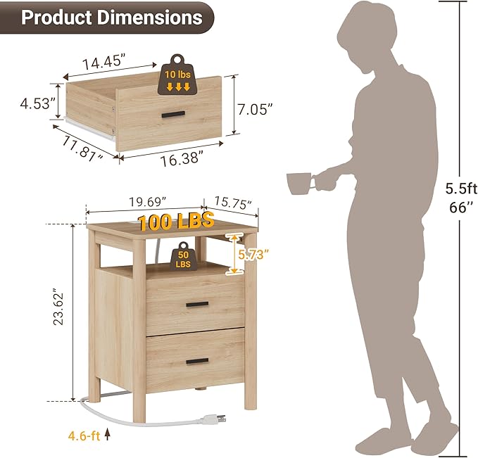 FavourLife Night Stand, 20" Wide Nightstand, Modern Large Nightstand with Charging Station, 2 Drawer Wooden End Table with Solid Round Post Legs & Open Shelf, Bedside Table for Bedroom, Natural Oak