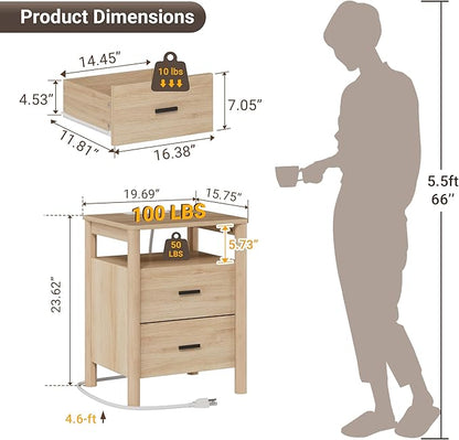 FavourLife Night Stand, 20" Wide Nightstand, Modern Large Nightstand with Charging Station, 2 Drawer Wooden End Table with Solid Round Post Legs & Open Shelf, Bedside Table for Bedroom, Natural Oak