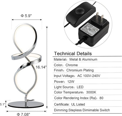Mayful Modern Lamp with LED Spiral Design, Bedside Lamp with Stepless Dimming Switch, Contemporary Nightstand & Chrome Table Lamp for Bedroom, Living Room, Home Office, 12W 3200K Warm White,2 Pack