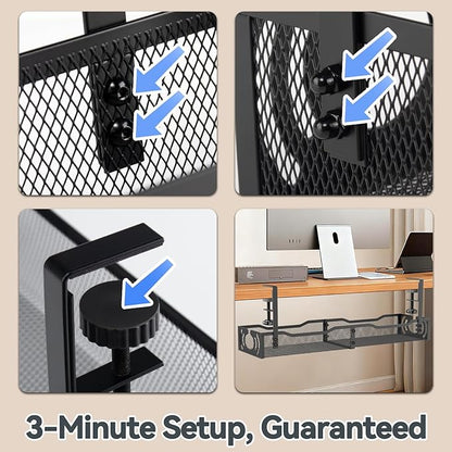 Cable Management, 25.3'' Under Desk Cable Management Tray No Drill, Metal Cable Organizer with Clamp for Wire Management, Cord Organizer for Home Office, Desk Accessories Organizer, Black